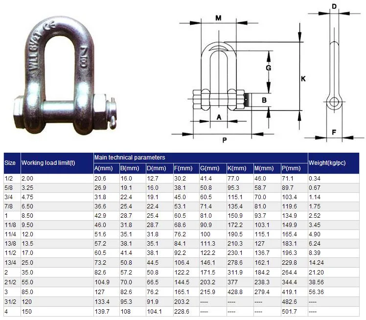 Marine Hardware Screw Pin Dee Shackle G-2150 High Strength Forged Galvanized Alloy Steel Bolt Safety